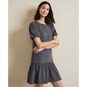 Garnet Hill Organic Cotton Tencel Ruffle Hem Dress Puff Sleeve Gray Medium FLAW